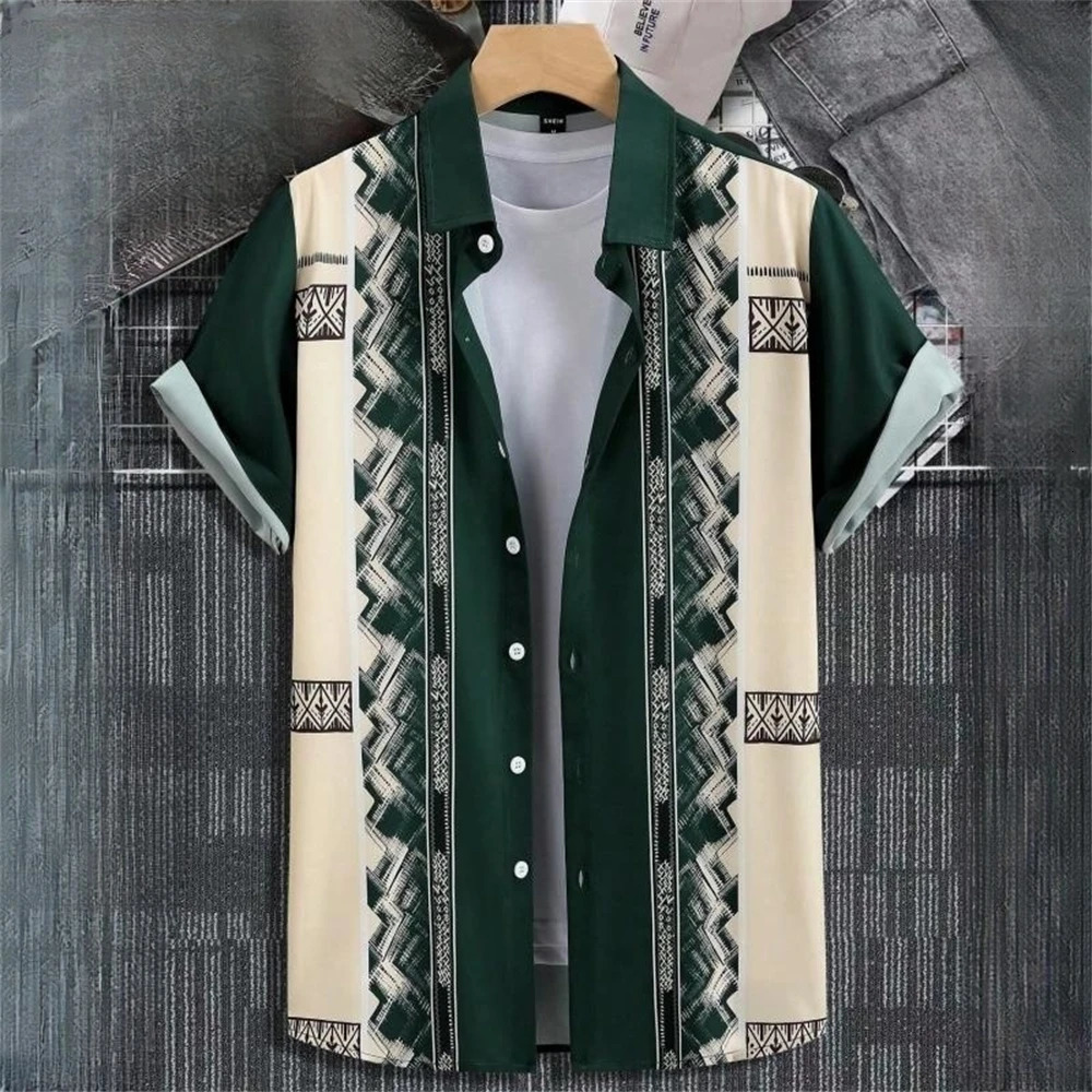 Retro Hawaiian mens shirt ethnic pattern printed short sleeved top fashionable casual mens clothing loose oversized mens shirt240808