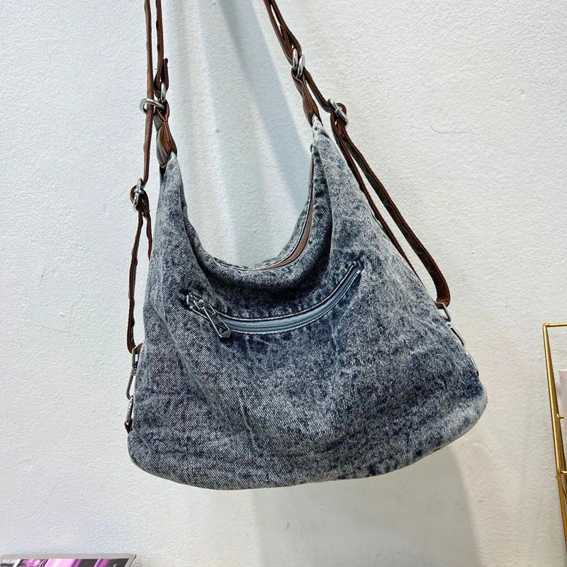 Totes Vintage Premium Wash Denim Bag Single New Shoulder Crossbody Motorcycle Large Capacity Weekend Travel Shopping