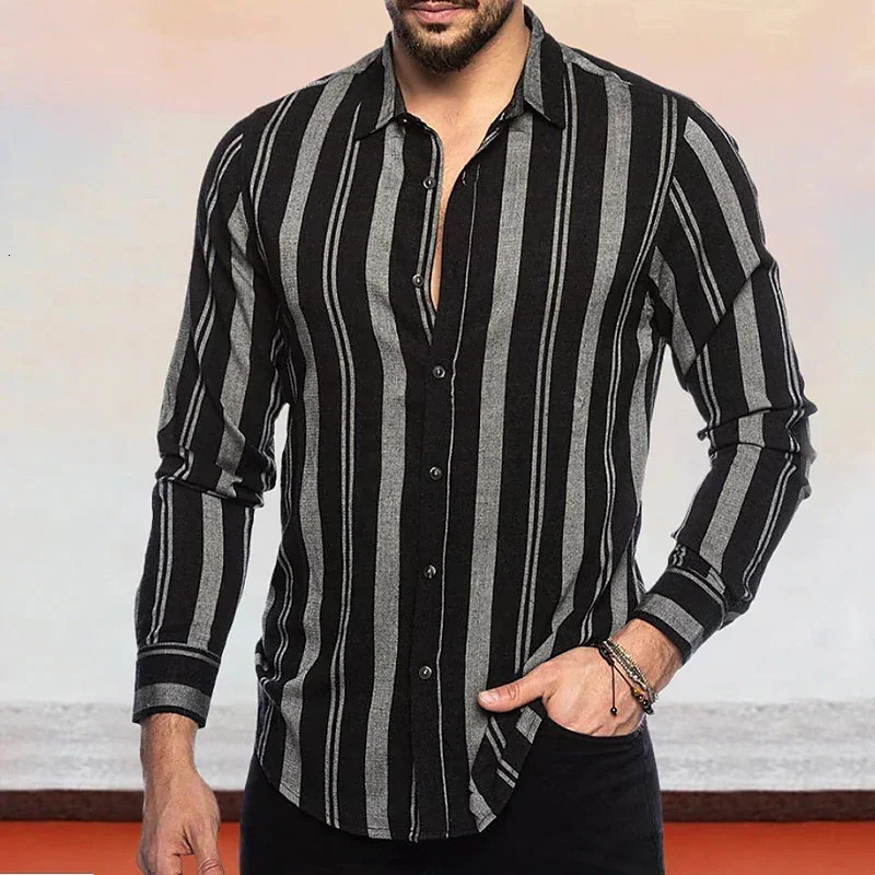 Mens button down shirt casual black reddish brown long sleeved striped street daily clothing fashionable and 240808