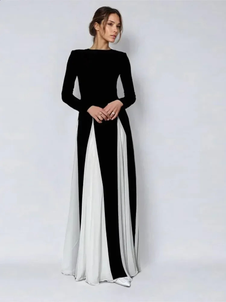 Elegant Black And White Ing Maxi Dress For Womens Fashion Oneck Long Sleeved Ultrathin Evening Gown 240809