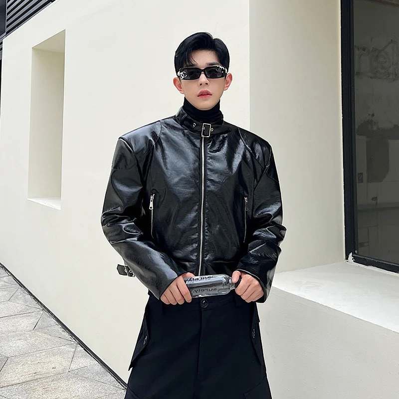 NOYMEI jacket silhouette shoulder pad zipper PU leather buckle stand up collar rubber pattern jacket autumn 2024 WA2811240808