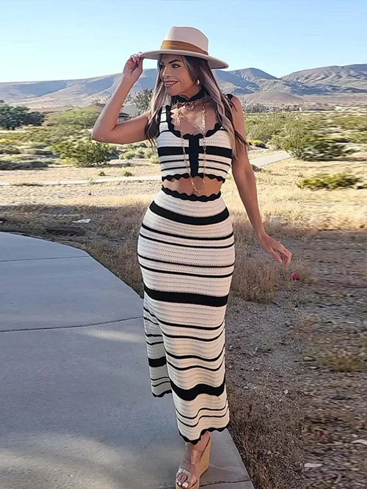 Sexy Elegant Knitted Striped Beach Skirt Sets Women High Waist Backless Slip Top Skirt 2 Piece Sets Spring Summer Set 240809