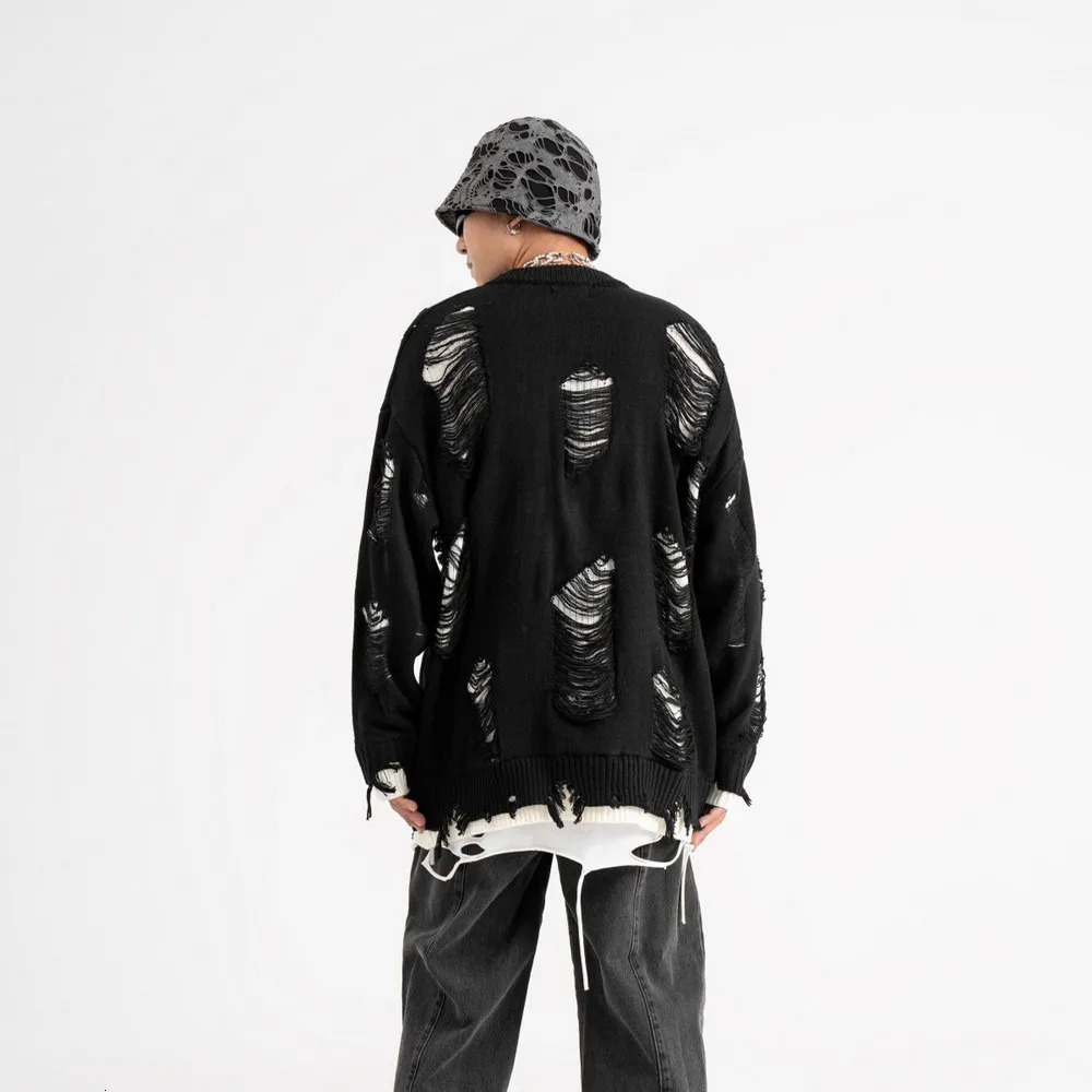 Distressed Ripped Holes Mens Aesthetic Sweater Knitted y2k Mens Clothing Winter Fashion Womens Gothic Street Clothing240808