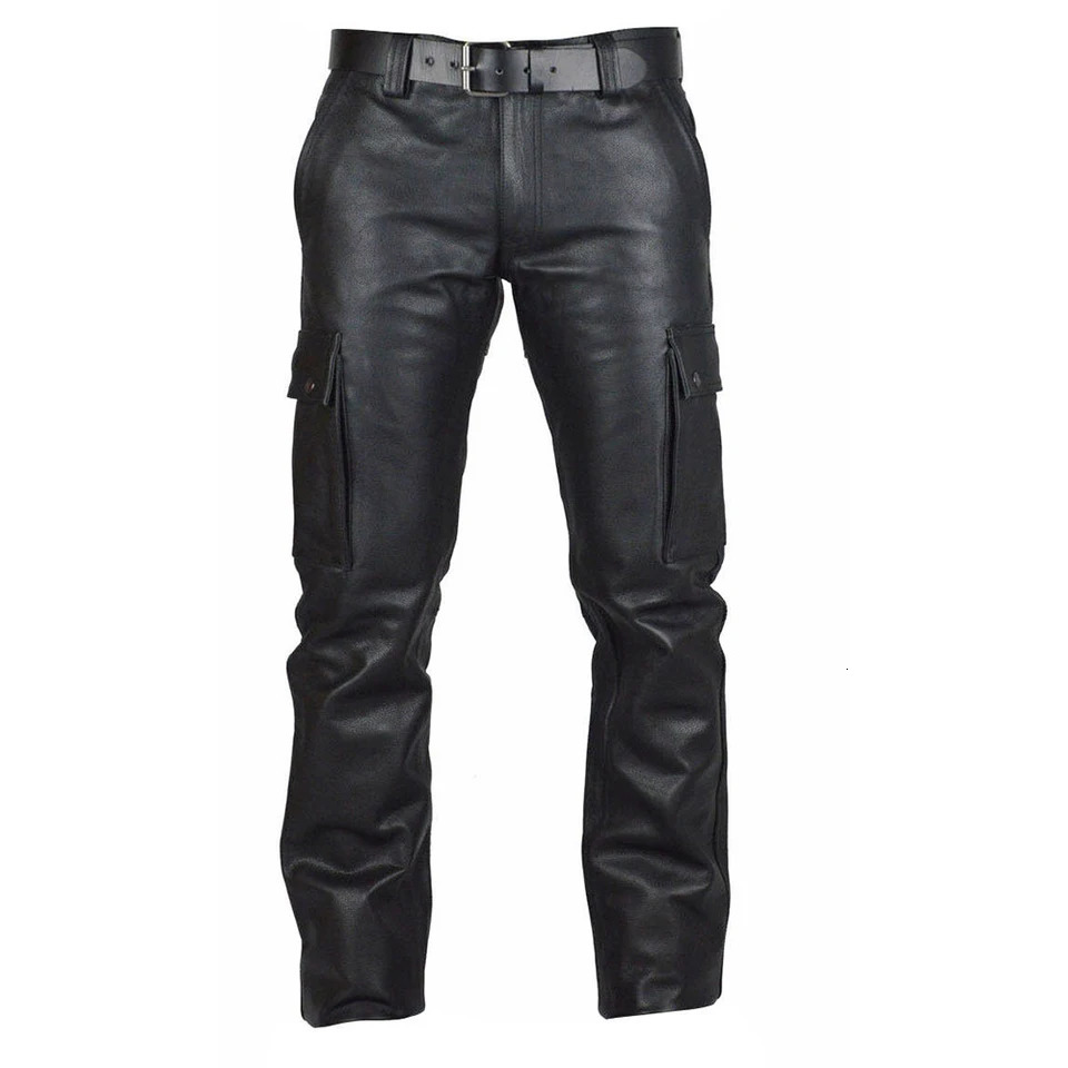 Mens punk PU leather straight pants ultrathin suitable for motorcycle mens Trouser Treedy streetwear casual cargo with pockets 240808
