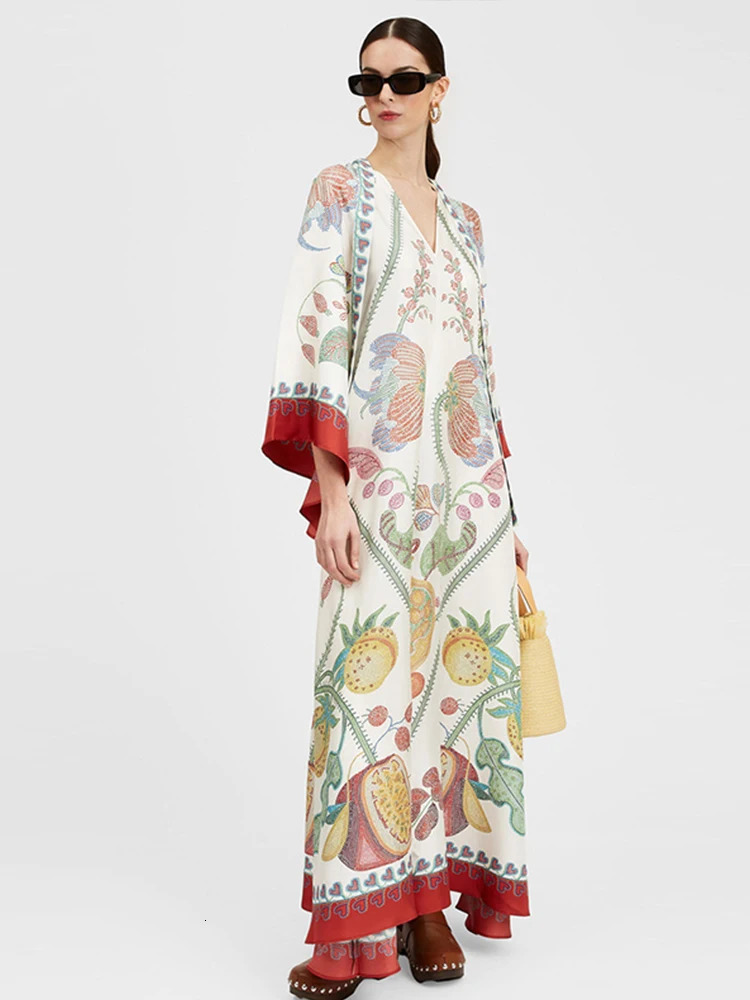 3D Print Spliced Maxi Dress Muslim Women Robes Vintage V Neck Flare Long Sleeve Summer Ladies Elegant Party Casual Dresses 240808