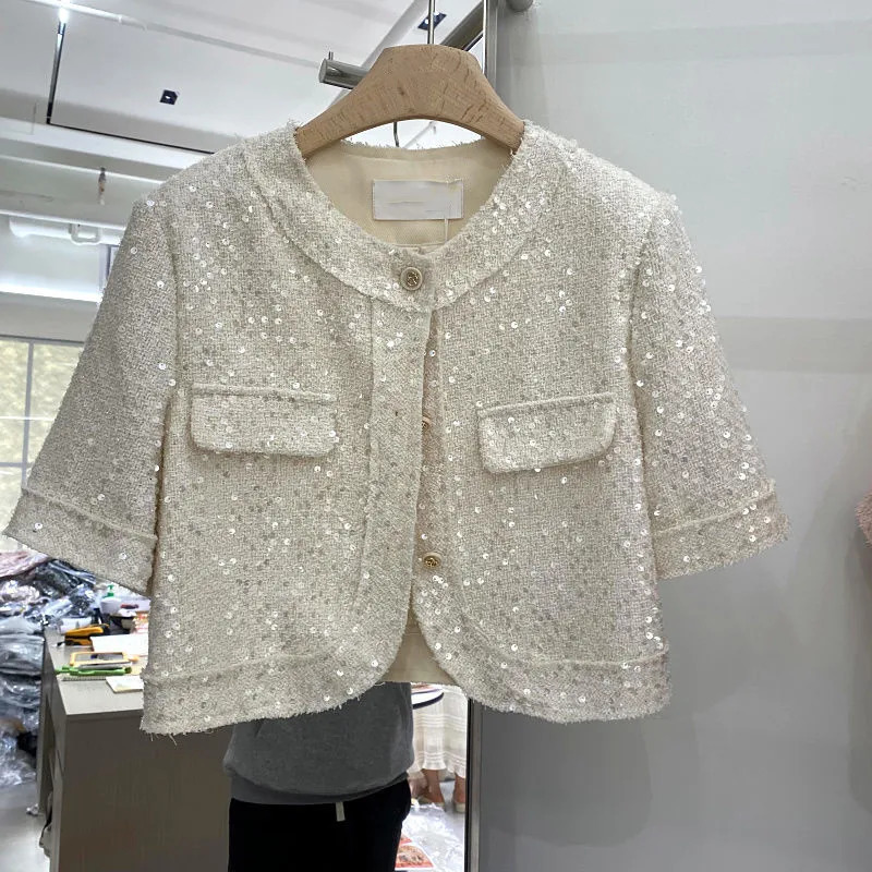 Summer high-quality Korean tweed short sleeved jacket for womens Korean fashion sequin short sleeved top 240826