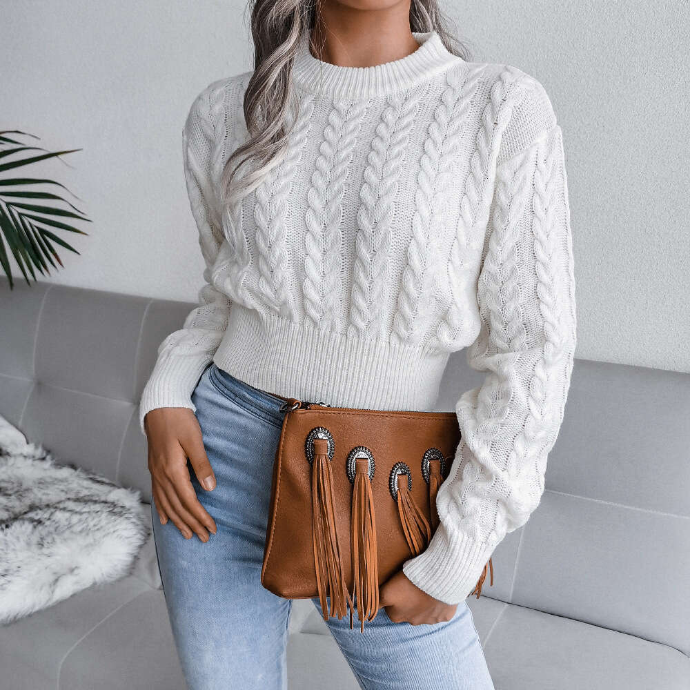 autumn and winter new women's knitted with exposed navel short style slim fit base sweater for women dongdumaoyi