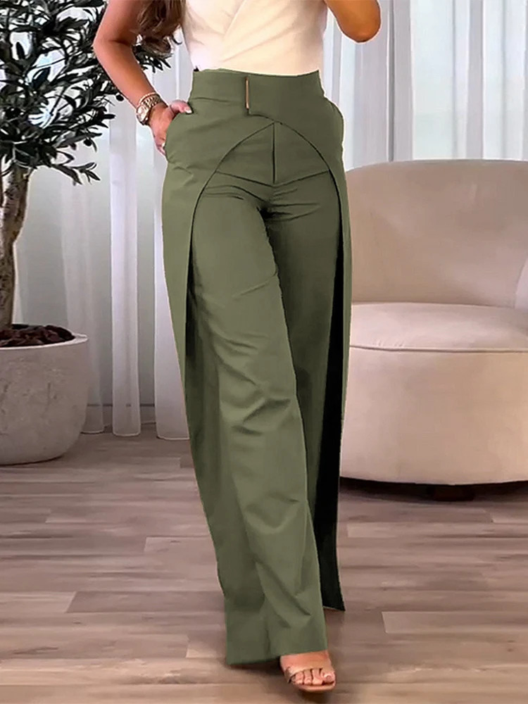 Womens Pants Fashion Womens Casual Bottom High Waist Overlap Asymmetrical Wide Leg Pants Elegant Solid Female Trouser 240809