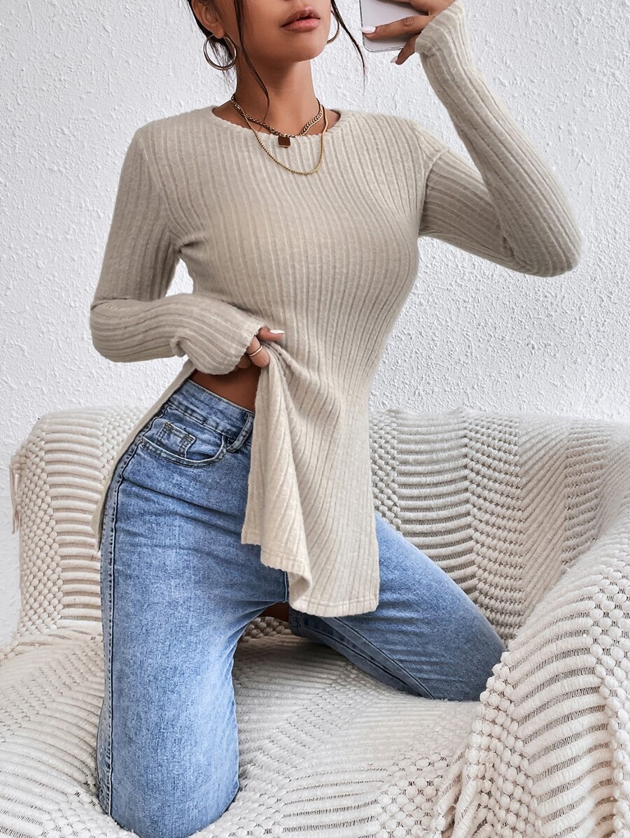 Autumn New Hem Double Slit Base Slim Fit Pit Stripe Fleece T-shirt for Women