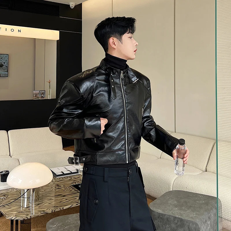 NOYMEI jacket silhouette shoulder pad zipper PU leather buckle stand up collar rubber pattern jacket autumn 2024 WA2811240808