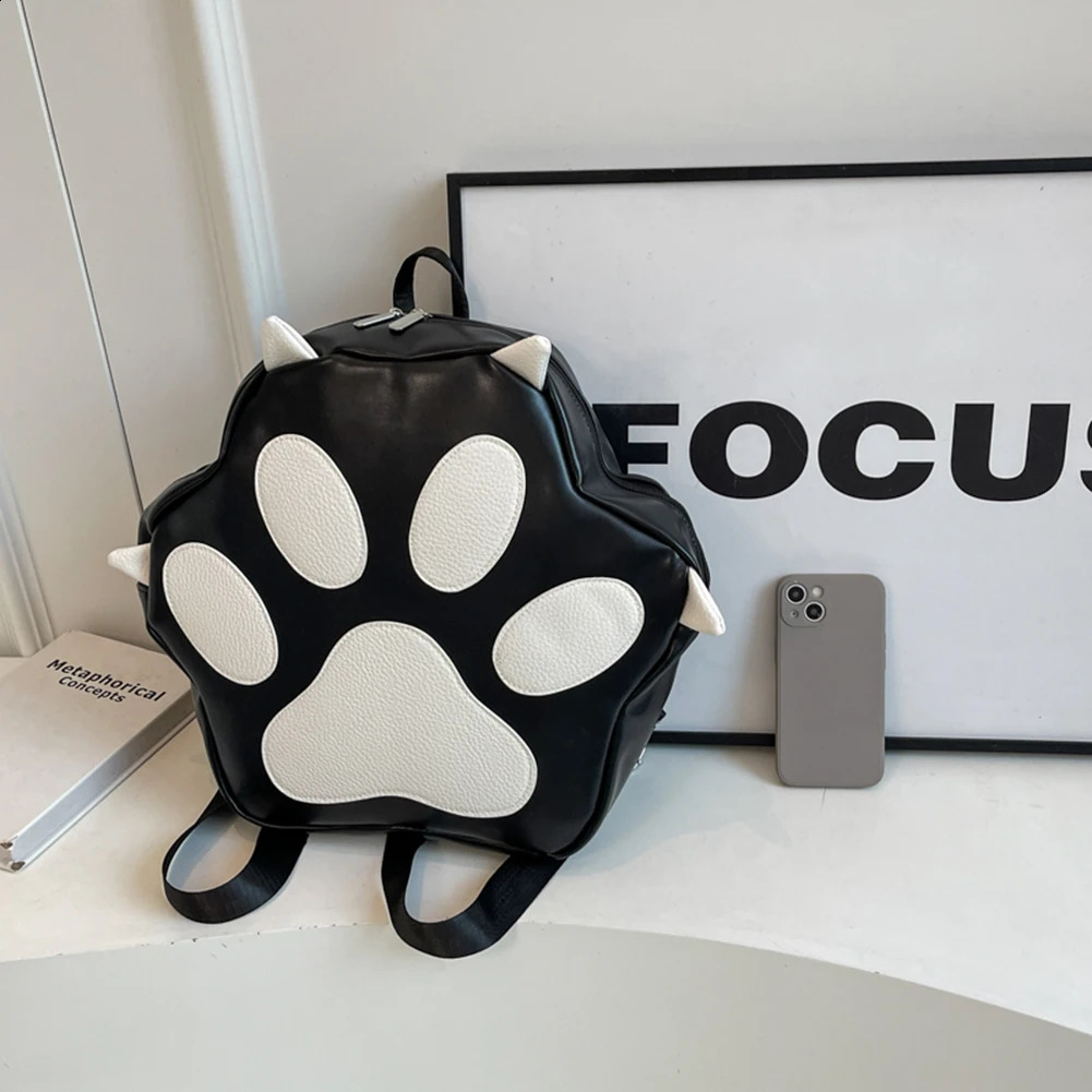Cute Cat Paw Aesthetic PU Leather Cartoon Backpack Adjustable Straps School Bag with Zipper for Teen Girls 240809