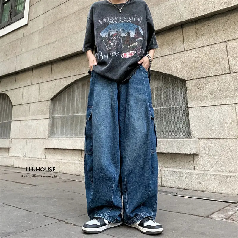 Y2k loose Japanese retro workwear jeans with trendy and personalized large pocket for men and women hip-hop casual pants 240809