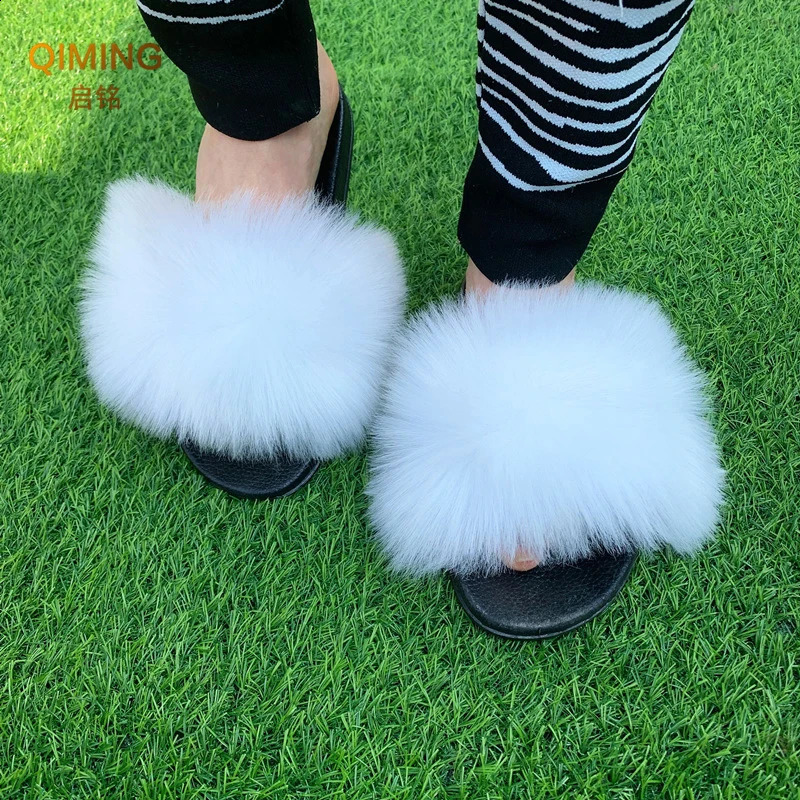fox Fur Slides For Women Plush Slippers Fluffy Slides Raccoon Fuzzy Furry Faux Fur Slippers Summer Flat Shoes Woman Sandals 240809