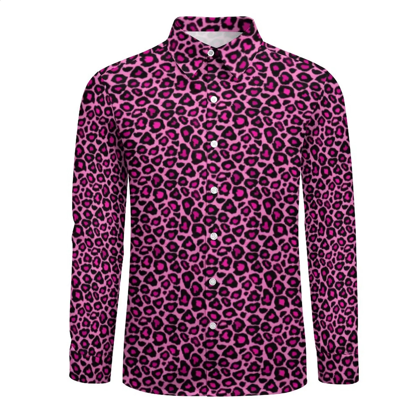Pink Leopard Casual Shirts Man Animal Fur Print Shirt Long Sleeve Trending Harajuku Blouses Autumn Custom Top Plus Size 240809