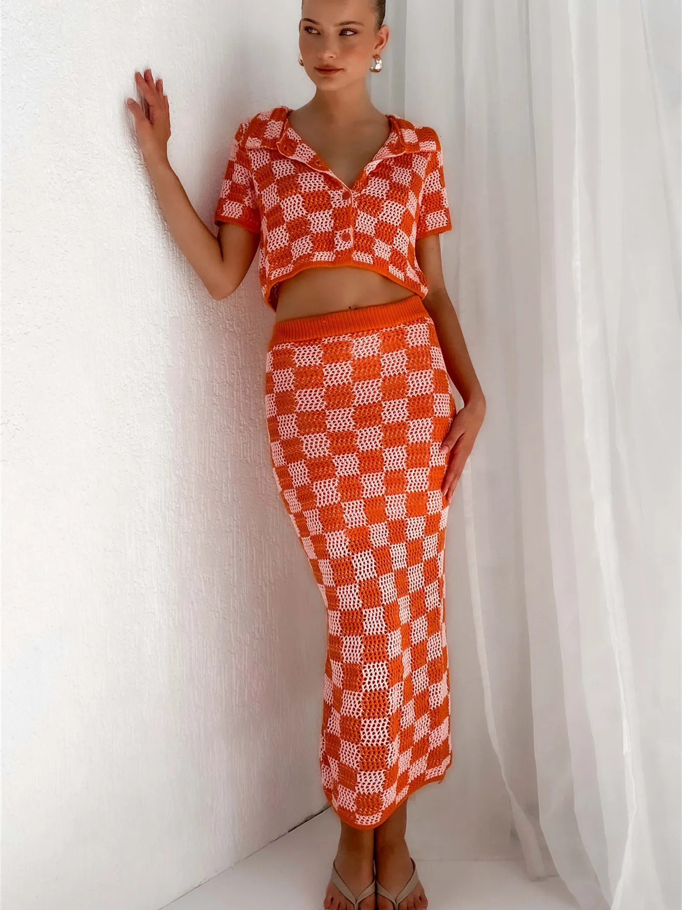 Women Crochet Knitted Skirts Set Hollow Out Lace up Swimsuit Cover Ups 2Pcs Knitted Outfits Set Swim Beachwear 240809