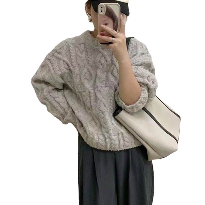 Orange Round Neck Pullover Short Sweater Womens Fried Dough Twists Winter Wear Loose Lazy Style Knitwear Women