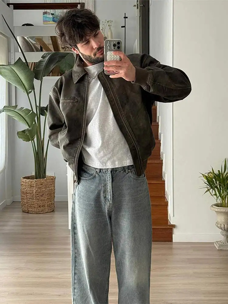 Chic Male Lapel Zipper Pu Leather Jacket Autumn Winter High Quality Warm Coat Mens Fashion Long Sleeve Pocket Outcoats 240809