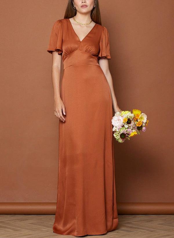Modern Satin A-E Bridesmaids' & Formal V-Neck Short Sleeves Or-Length Junior Bridesmaid Dresses Bc19336 0220