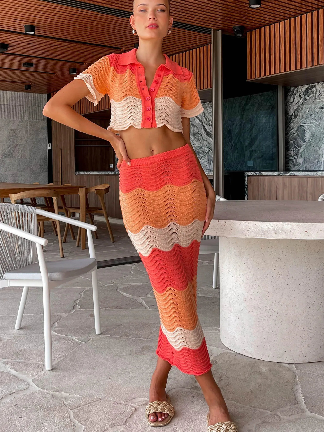 Women Crochet Knitted Skirts Set Hollow Out Lace up Swimsuit Cover Ups 2Pcs Knitted Outfits Set Swim Beachwear 240809