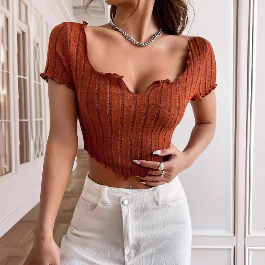 Summer U-shaped Notch Collar Solid Color Top Slim and Short Sleeved T-shirt