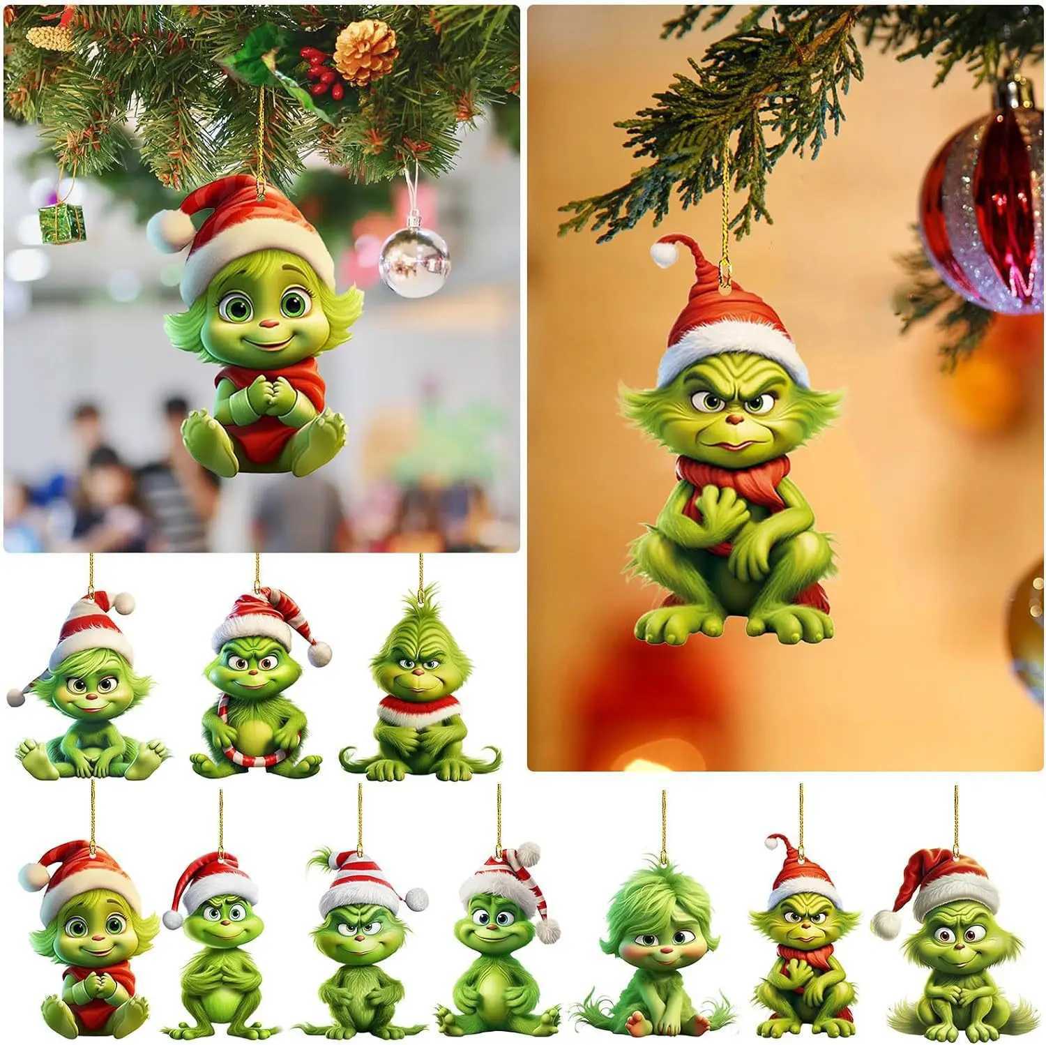 New Hanging Ornaments 10pc Grinch Green Hair Monster Pendants Party Christmas Tree Decorations Gift Y240808