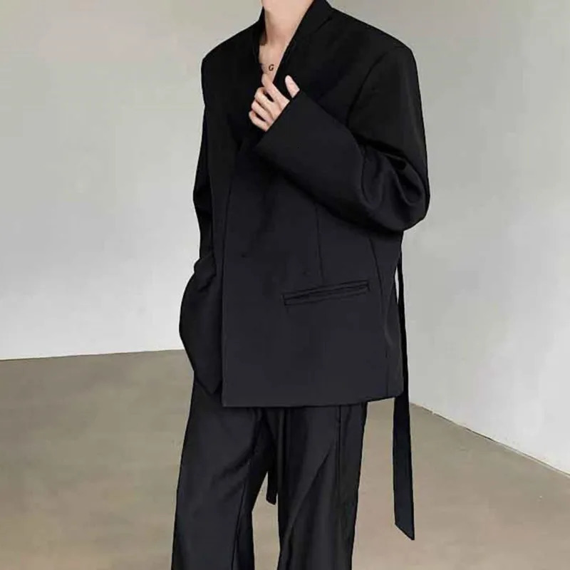 NOYMEI Temperment Black Suit Jack Belt Fashionable 2024 Spring Mens All match sexy jacket collarless mens WA3766 240808