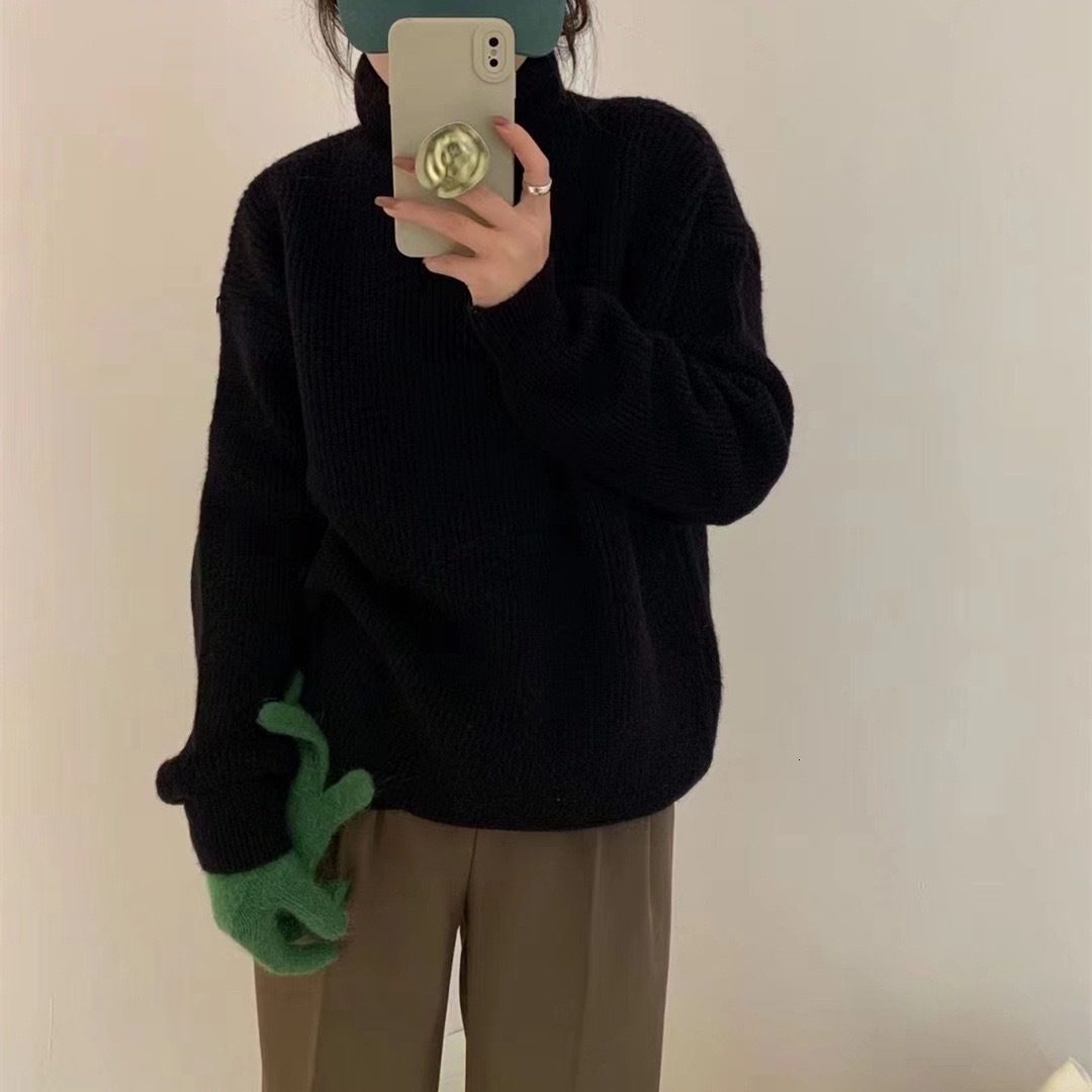 Autumn winter new soft and sticky pullover loose long sleeved solid color simple high neck lazy style knitted sweater top for women dongdumaoyi