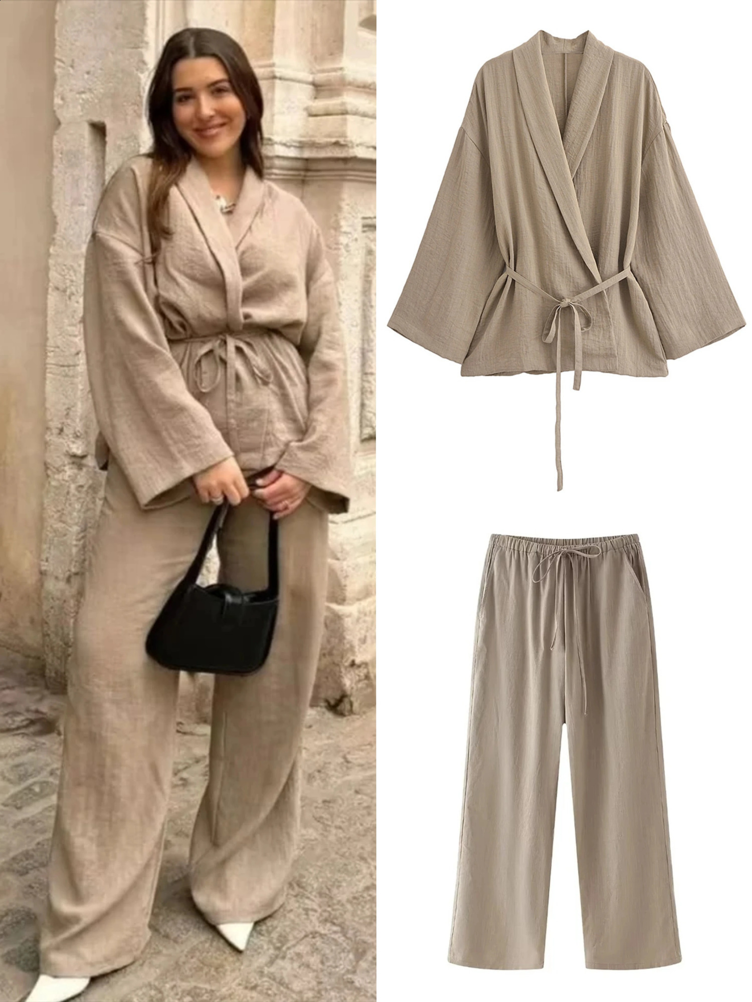 Vintage Lace Up Pants Sets Women Loose Lapel Long Sleeve Shirts Wide Leg Trouser Spring Summer Womens 2-piece Pant Set 240809