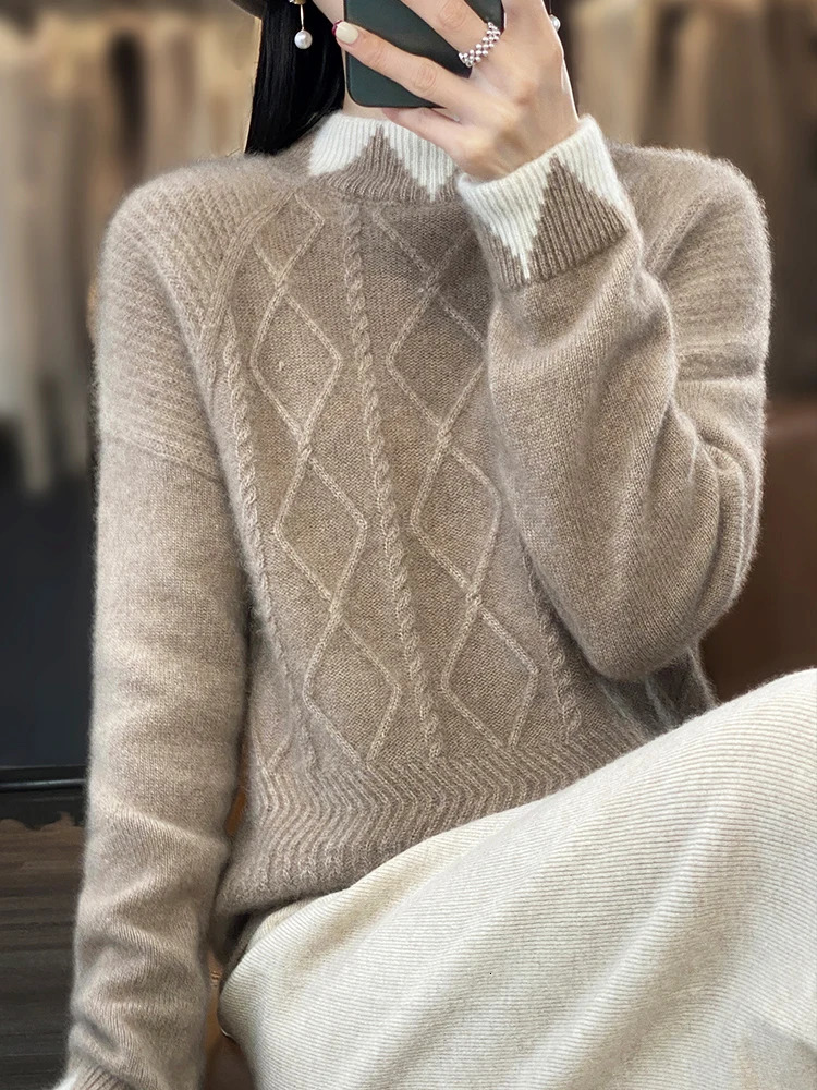 Autumn and Winter 100% Pure Woolen Sweater Womens Half Height Round Neck Contrast Diamond Sweater Loose Wool Knit Top 240812