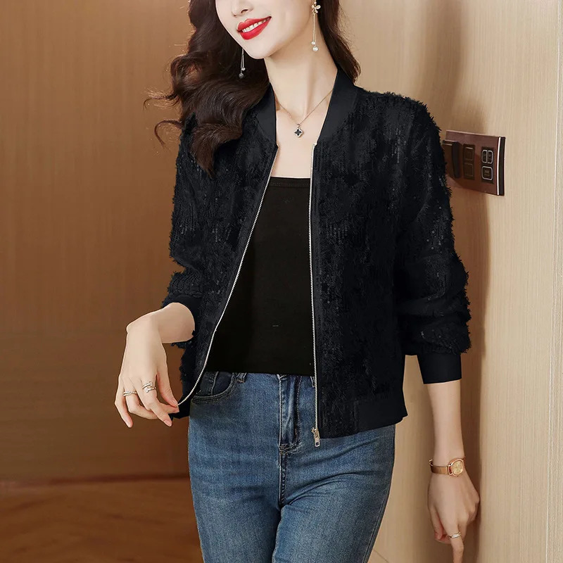 Wxw5368 black beige short baseball jacket for women thin sequin jacket for women slim fit zipper Korean style jacket for summer 240826