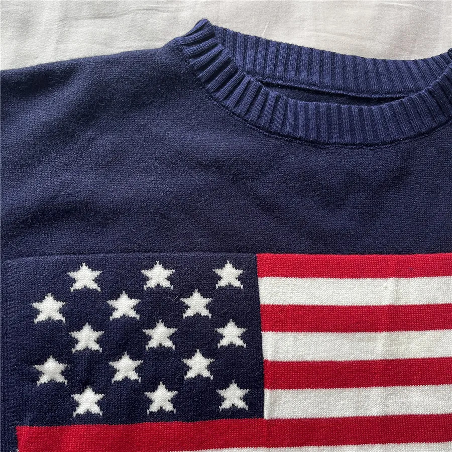 Y2K Flag Knit Women Sweaters Hip Hop Streetwear Long Sleeve Pullover Autumn Harajuku Knitted Tops Casual Loose Large Clothes 240809