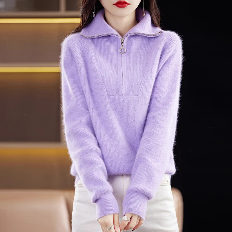 Lapel mink cashmere womens autumn and winter thick sweater loose half zip lazy knit pullover top 240812