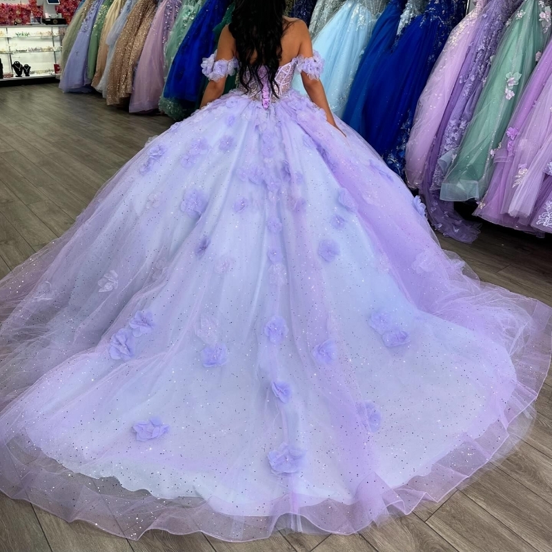 Lilac Shiny Quinceanera Dress Ball Gown Off The Shoulder Beaded wer Tull Corset Birthday Party Sweet 16 Vestido De 15 Anos