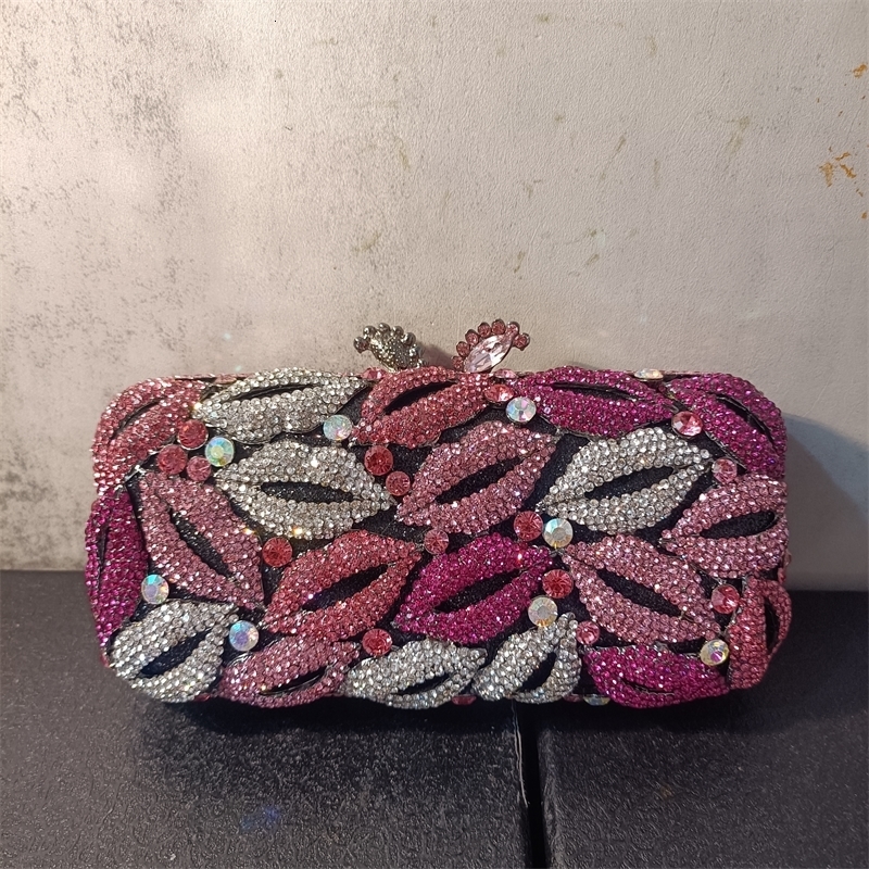 Womens Multi Pink Lipstick Crystal Cocktail Clutch Wallet Wedding Banquet Dinner Package Diamond Birthday Party Handbag 240809