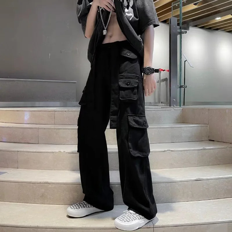 Trousers Man Wide Multi Pocket Cargo Pants For Men Grey Straight Multipockets Large Size With Comfortable Aesthetic Emo Cotton 240822