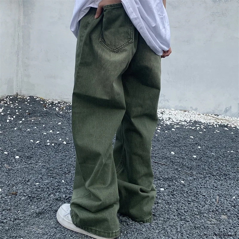 Spring Green Jeans Baggy Distressed Vintage Denim Trousers Male Wide Leg Pants Men Streetwear Retro Oversize Casual Hip Hop 240809