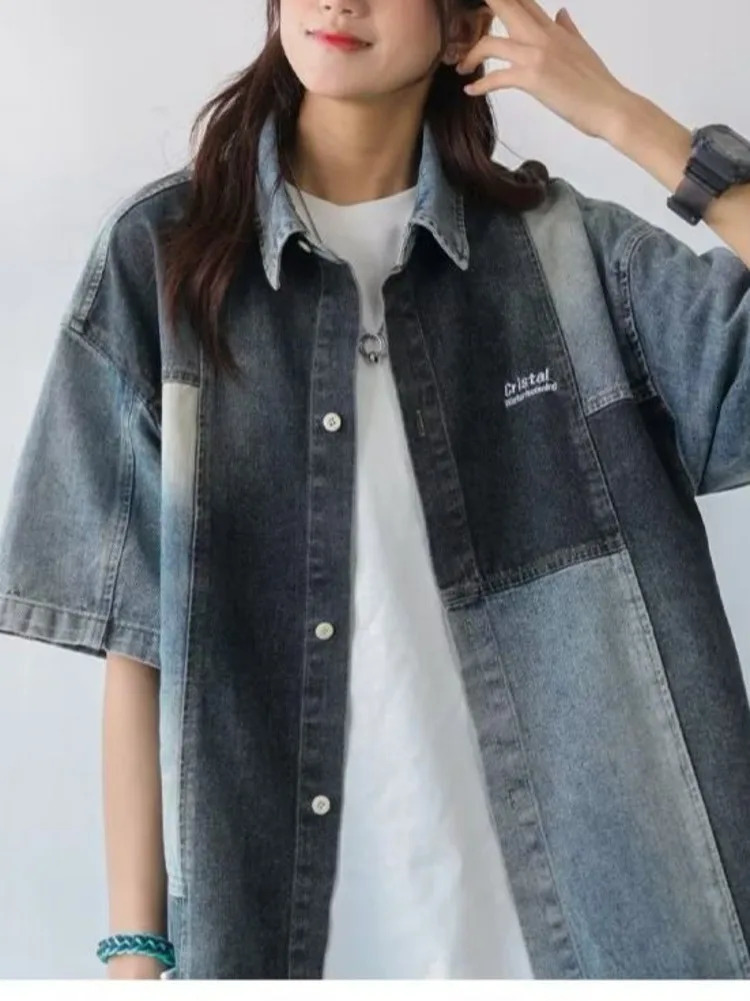 Summer retro Japanese style short sleeved shirt patchwork denim street hip-hop single chest cardigan mens fashion top240808