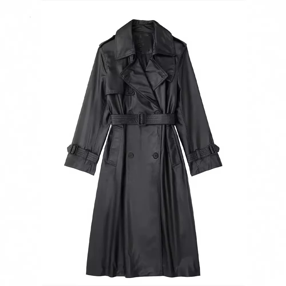 Autumn and Winter Long Oversized Black Pu Leather Trench Coat for Women Belt Double Breasted Loose Casual Korean Fashion 240809
