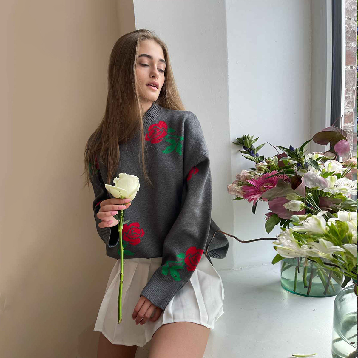 Round Neck Rose Print Sweater Knitted Sweater Autumn and Winter New Versatile Loose Pullover Sweater for Women