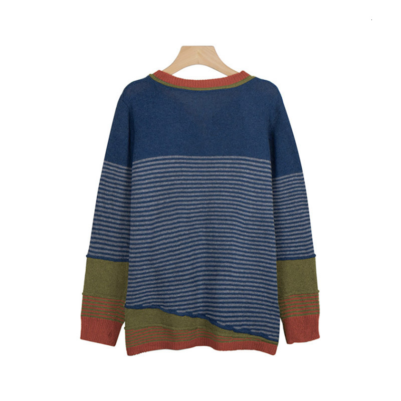 Autumn New Striped Color Blocked Knitted Sweater Womens Single Breasted Pullover Top Casual Versatile Sweater