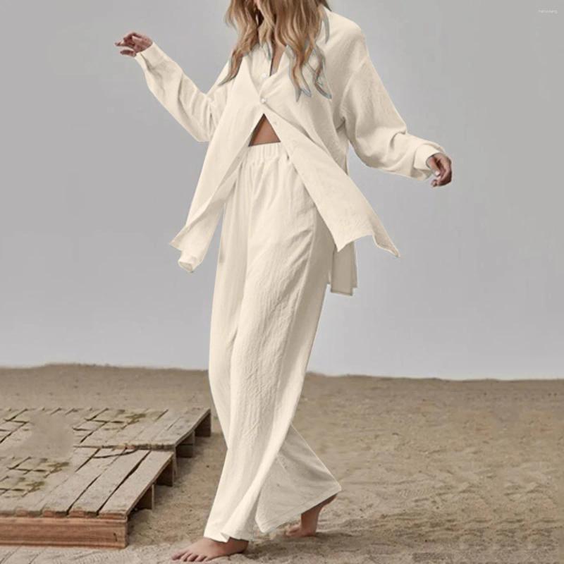 Women's Two Piece Pants Elegant Cotton En Pieces Sets Long Sleeve Shirt And High Waist Trousers Vintage Solid Suits Women Outfits