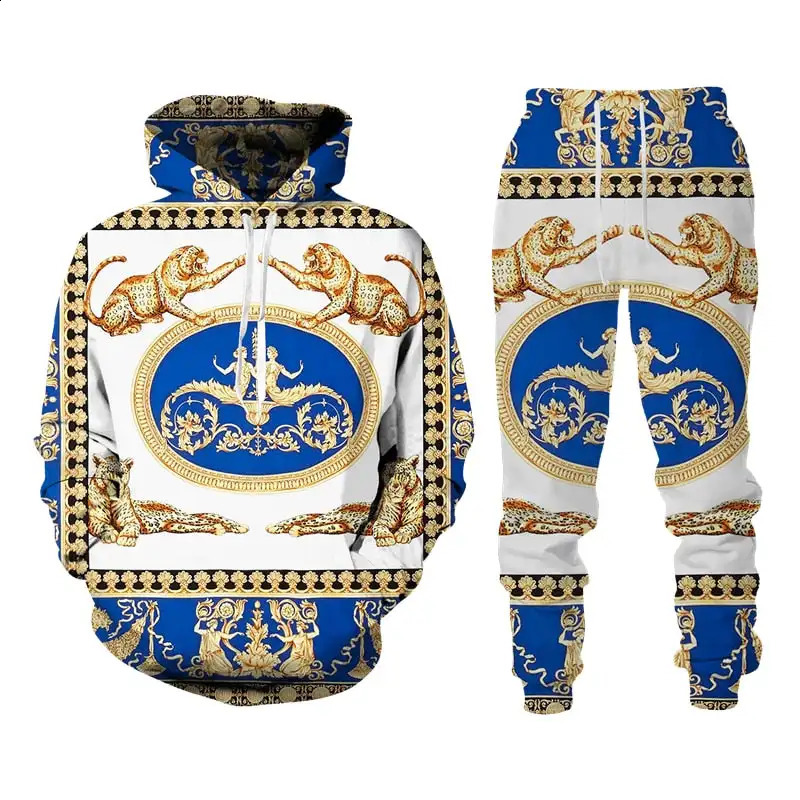 Mens Hoodie Set Baroque Style Sweatsuit 3D Printed Crown Golden Chain Hoodie Sweatsuit Casual Mens Pullover Tracksuit Set 240809