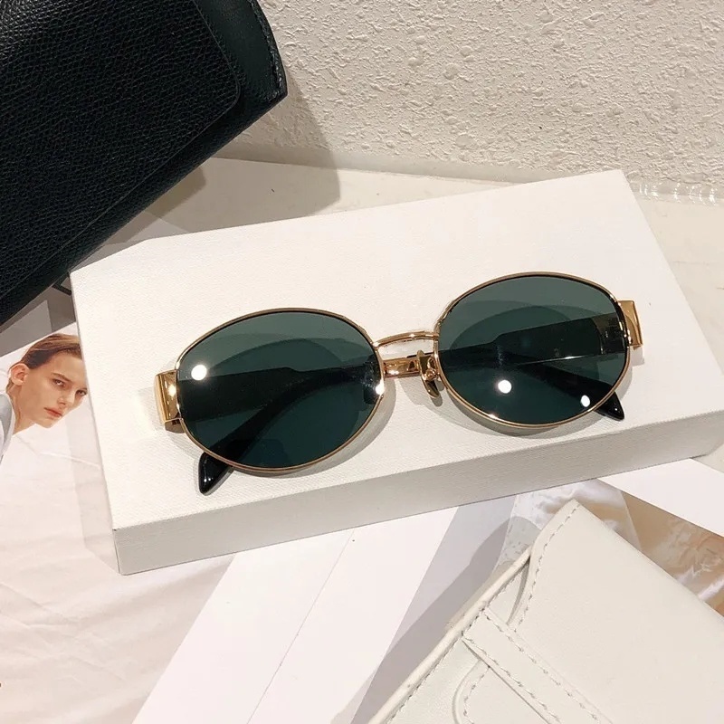 4Womens Triomphe Oval Frame Sunglasses Women Metal Mirror Legs Green Lens Sunglasses Retro Small Round Frame Sexy Little Women With original box