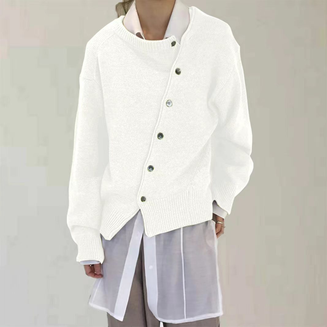 Spring New Korean Version Diagonal Buckle Irregular Design Lazy Style Sweater Cardigan Round Neck Knitted Jacket for Women