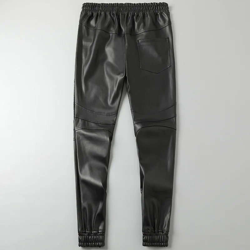 Mens leather pants highquality elastic waist jogging PU bicycle waterproof 240808