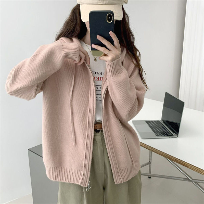 Womens Hooded Sweater Top Small Early Autumn Style New Autumn and Winter Jacket Solid Color Cardigan Womens Knitted