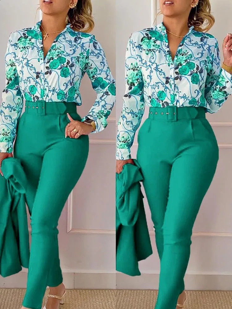 Elegant Women Printed Two Piece Suit Sets Spring Autumn V Neck Long Sleeve Shirt Top Long Pants Set With Belt Workwear Outfits 240814
