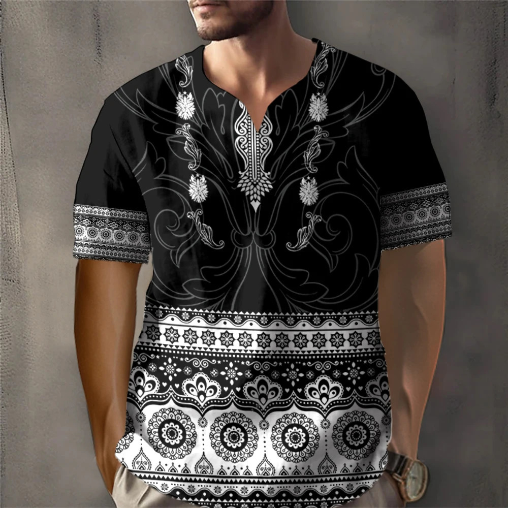 African traditional retro mens T-shirt retro ethnic style printed T-shirt loose short sleeved T-shirt oversized mens clothing top240808