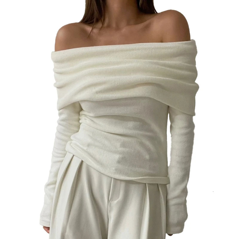 Off Shoulder Knit Top for Women Stretchy Cream White Long Sleeve Pullover Sweater Spring Ladies Elegant Outfit 240809