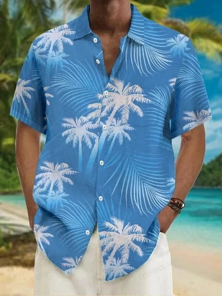 Summer Men Hawaiian Shirts Coconut Tree Lapel Camisas Men Fashion Short Sleeve Shirt Floral Blouse Turn Over Collar Clothes Male 240808